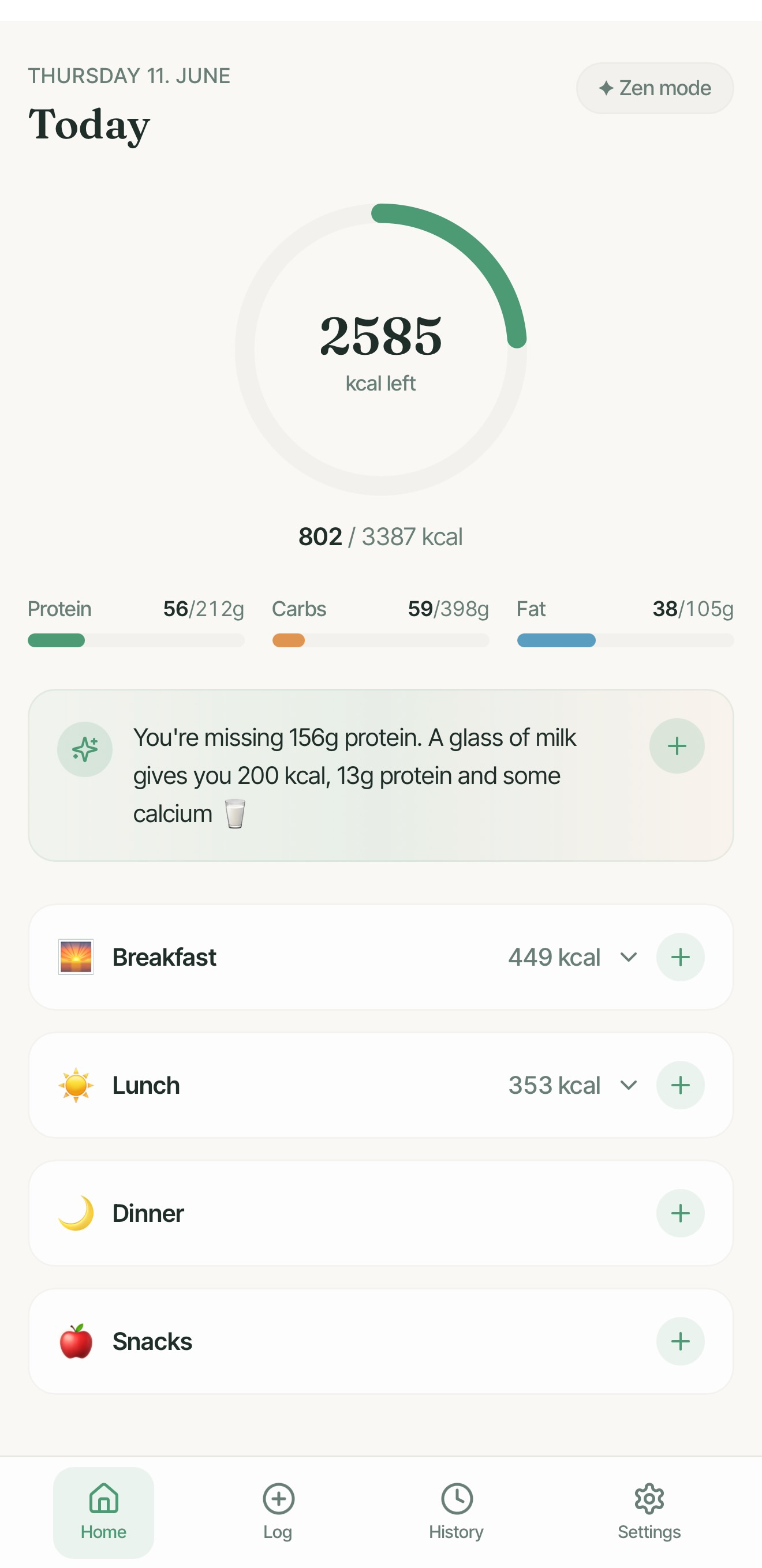 Matro home screen showing calories left for the day